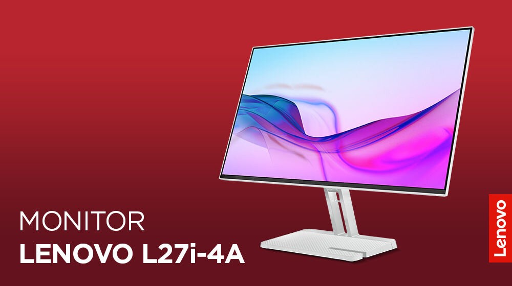Monitor LENOVO L27i-4A 27 cali 1920x1080px IPS 100Hz 1 ms [MPRT] prezentacja monitora na czerwonym tle napis z modelem