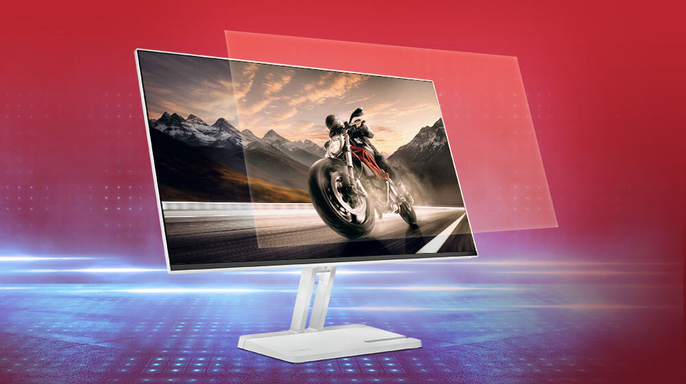 Monitor LENOVO L27i-4A 27 cali 1920x1080px IPS 100Hz 1 ms [MPRT] prezentacja monitora na czerwonym tle na ekranie motocykl odświeżanie 100 Hz bez opóźnień i zakłóceń czytelność dynamiczność 