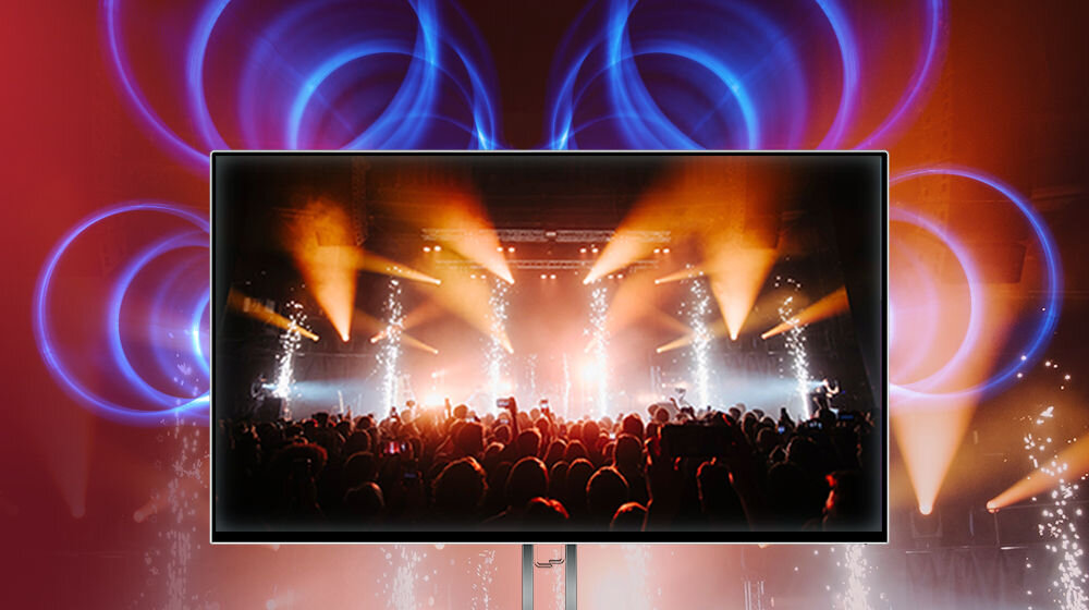 Monitor LENOVO L27i-4A 27 cali 1920x1080px IPS 100Hz 1 ms [MPRT] prezentacja monitora na tle koncertu na keranie nagranie z koncertu dwa głośniki każdy o mocy 3 W czysty dźwięk wyraźne dynamiczne