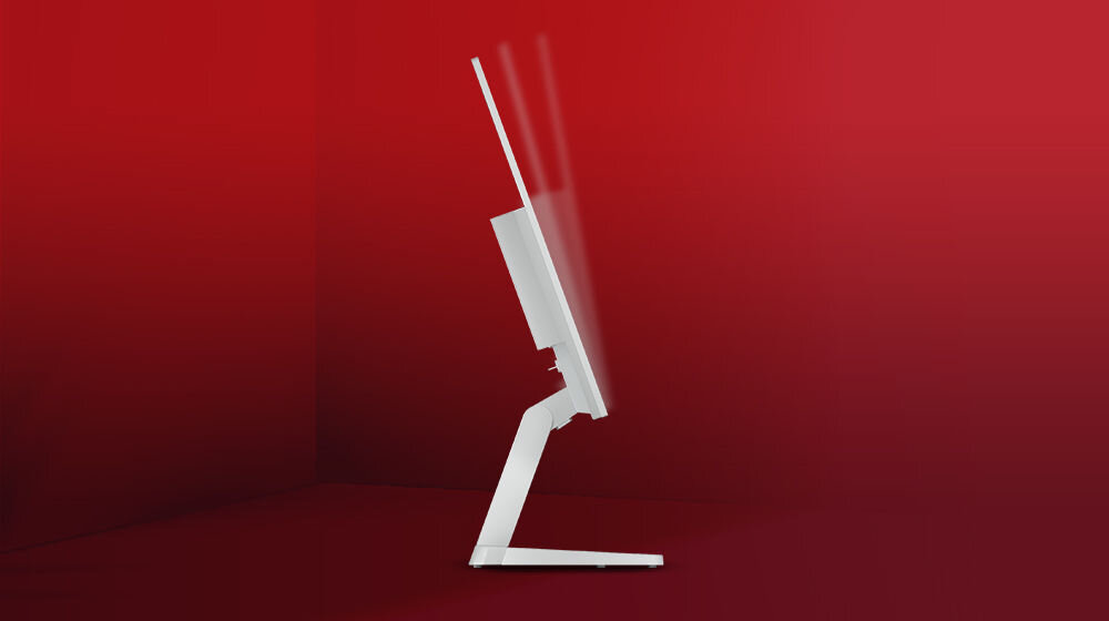 Monitor LENOVO L27i-4A 27 cali 1920x1080px IPS 100Hz 1 ms [MPRT] prezentacja monitora od boku na czerwonym tle pokazanie kątu nachylenia zakres od -5° do 22° indywidualne preferencji kompatybilność standard VESA gniazdo Kensington Lock zabezpieczenie przed kradzieżą