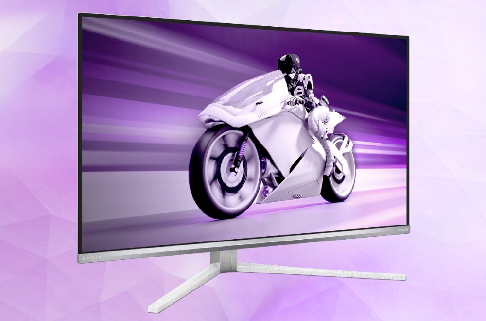 Monitor PHILIPS Evnia 32M2N8900 Monitor z wyświetlanym na ekranie futurystycznym motocyklem w ruchu, na tle w odcieniach fioletu, opis