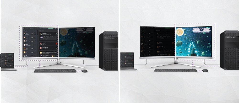 Monitor PHILIPS Evnia 32M2N8900 Monitor podłączony do dwóch komputerów i laptopa, prezentujący funkcje PIP/PBP i przełącznika KVM, z podzielonym ekranem, obsługa, sterowanie