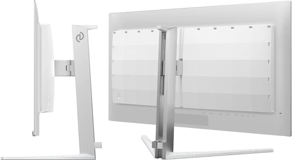 Monitor PHILIPS Evnia 32M2N8900 Tył monitora pokazany z dwóch perspektyw – z boku i z tyłu – z widocznym systemem regulacji i uchwytem VESA, podstawa, regulacja, ramka, przekątna