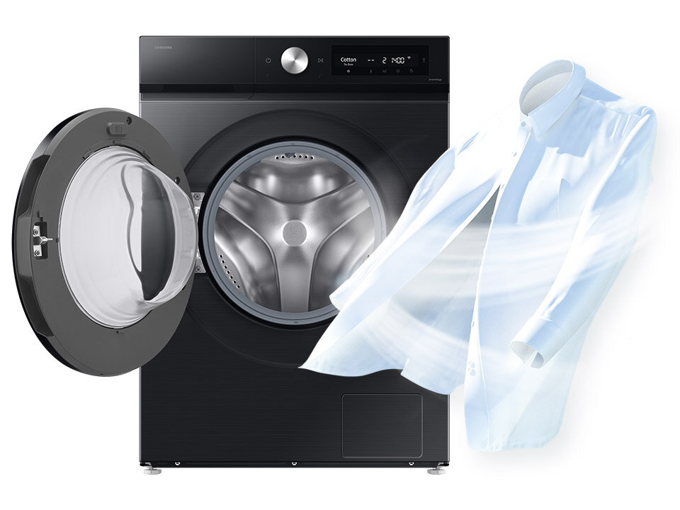 Obraz przedstawia pralko-suszarkę z otwartymi drzwiami, obok której unosi się koszula. Na panelu widoczny jest wyświetlacz z ustawieniami prania.