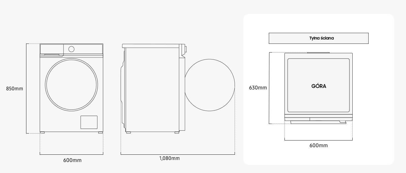Schematyczny rysunek pralki z wymiarami: wysokość 850mm, szerokość 600mm, głębokość 1080mm. Widok z góry pokazuje napis \'GÓRA\' oraz odległość 630mm od tylnej ściany.