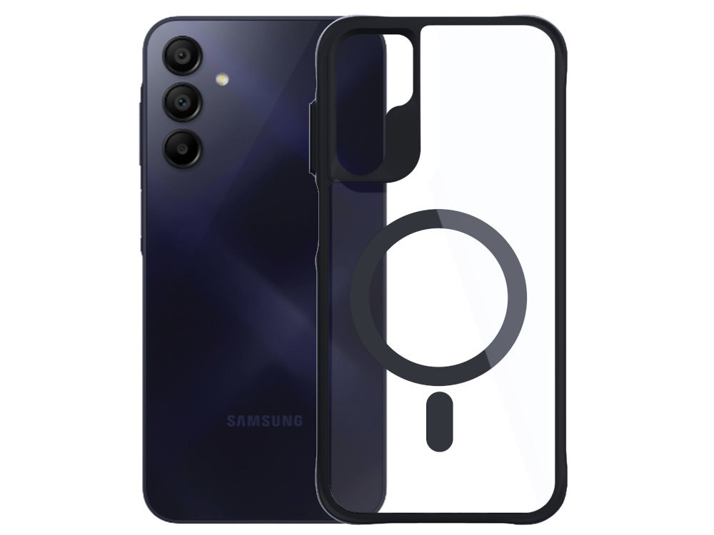 3MK Satin Guardx MagCase podwyższone krawędzie wokół aparatu amortyzują siłę uderzenia chronią obiektywy przed zarysowaniem - etui i telefon od tyłu na białym tle