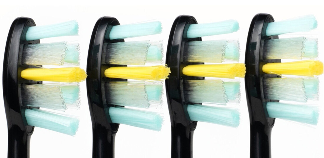 Oryginalna końcówka szczoteczki MERIDEN Professional Premium Czarny (4 szt.) (Miękkie włosie) Włosie o różnej długości ułożone w kształt rombu dopasowanie powierzchnia miejsc Asymetrycznie rozmieszczone włóknaa pomagają usuwać przebarwienia, polerują szkliwo i zapobiegają osadom naturalny efekt bieli