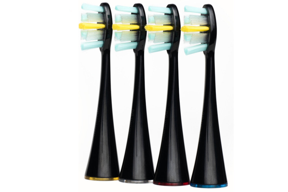 Oryginalna końcówka szczoteczki MERIDEN Professional Premium Czarny (4 szt.) (Miękkie włosie) ruchy wymiatające Technologia Dual Action Whitening odchylenie rozmiar efektywne ruchy wymiatające skuteczne czyszczenie przestrzeni międzyzębowych  4 końcówki z kolorowymi pierścieniami identyfikacja zalecenia