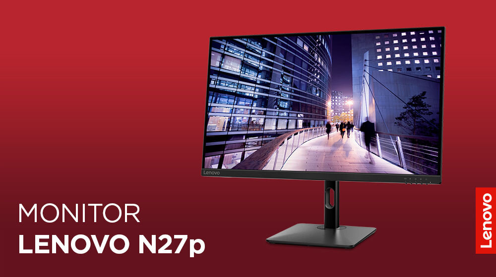 Monitor LENOVO N27p 27 cali 3840x2160px IPS 4 ms prezentacja monitora na czerwonym tle z napisem modelu