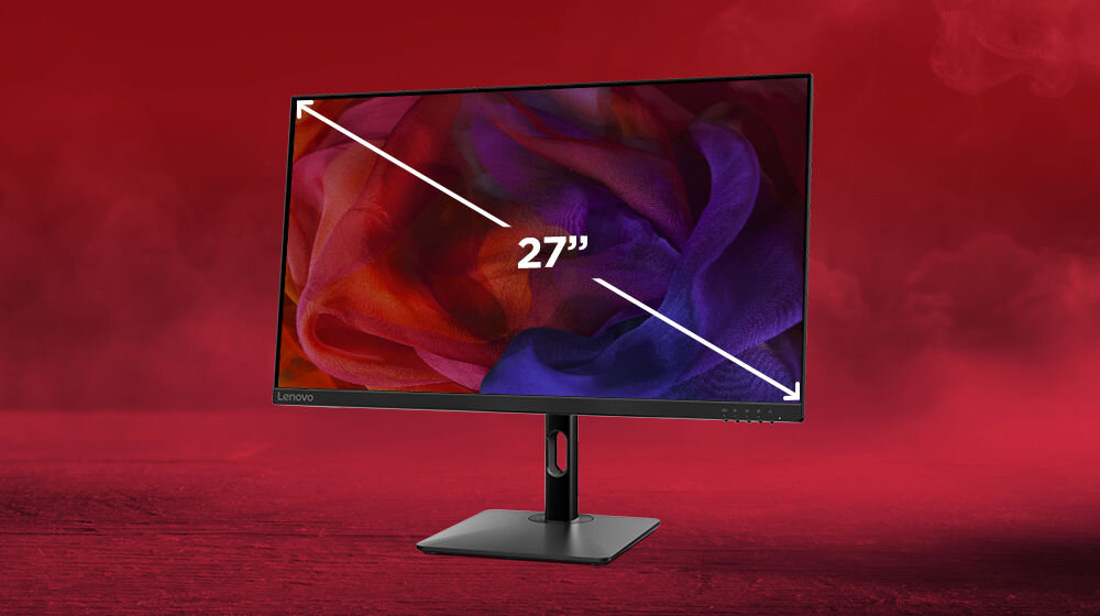 Monitor LENOVO N27p 27 cali 3840x2160px IPS 4 ms prezentacja monitora na czerwonym tle przekątna 27 cali rozdzielczość 4K 3840 × 2160 szczegółowość przestrzeń robocza wyraźne detale intensywne kolory szeroki zakres tonalny wysoka jakość obrazu funkcjonalność
