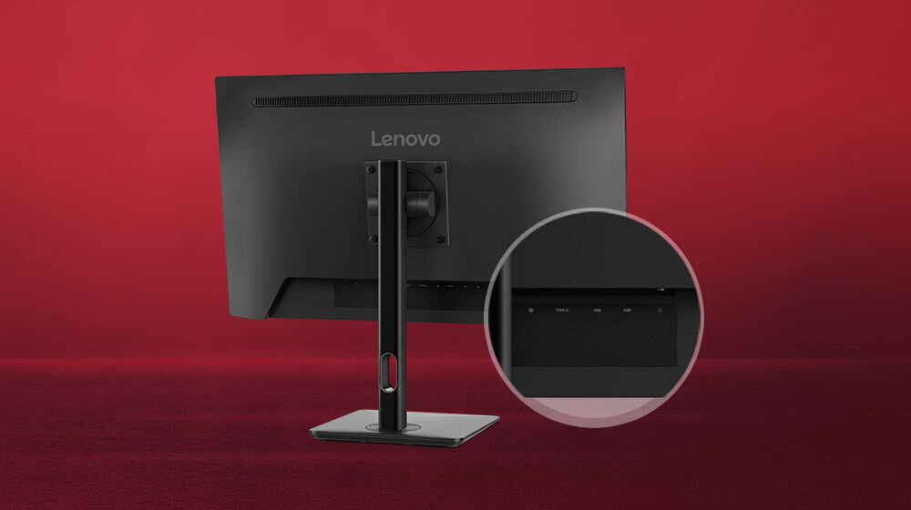 Monitor LENOVO N27p 27 cali 3840x2160px IPS 4 ms prezentacja tyłu obudowy i jego portów port USB-C PD moc do 65 W jednoczesne ładowanie, przesyłanie obrazu i danych zarządzanie przestrzenią roboczą
