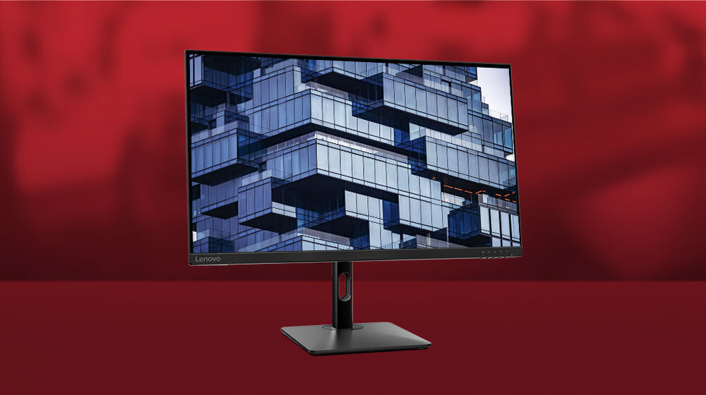 Monitor LENOVO N27p 27 cali 3840x2160px IPS 4 ms prezentacja monitora czerwonym tle Certyfikat VESA DisplayHDR400 szeroki zakres jasności i kontrastu HDR intensywne kolory i pełne głębi kalibracja z dokładnością Delta E mniejszą niż 2 odwzorowanie barw