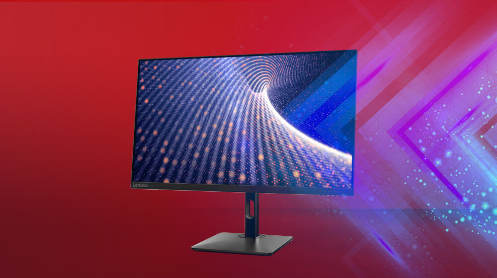 Monitor LENOVO N27p 27 cali 3840x2160px IPS 4 ms prezentacja monitora na czerwonym tle waga 6,19 kg wymiary 615 × 228.9 × 533.1 mm wygoda smukły profil przemyślany rozmiar