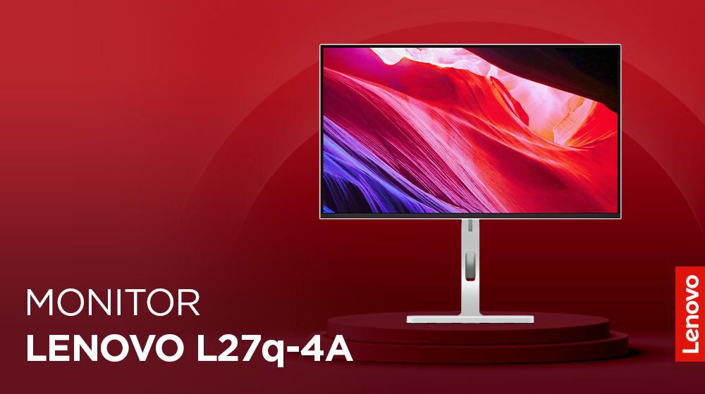 Monitor LENOVO L27q-4A 27 cali 2560x1440px IPS 100Hz 1 ms [MPRT] prezentacja monitora na czerwonym tle napis modelu