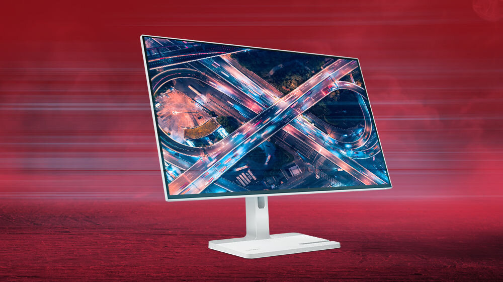 Monitor LENOVO L27q-4A 27 cali 2560x1440px IPS 100Hz 1 ms [MPRT] prezentacja monitora na czerwonym tle pod kątem front cztery tryby czasu reakcji MPRT 1 ms przy 100 Hz ekstrymalny 4 ms normalny 6 ms wyłączony 14 ms