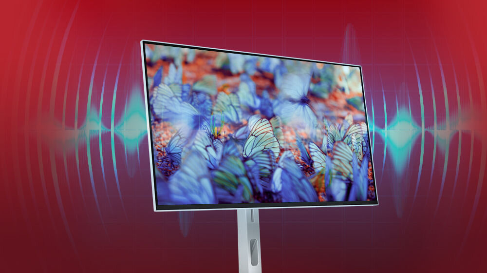 Monitor LENOVO L27q-4A 27 cali 2560x1440px IPS 100Hz 1 ms [MPRT] prezentacja monitora na na czerwonym tle z falami dźwiękowymi pod kątem 2 głośniki moc 3 W MaxxAudio® czysty zbalansowany dźwięk wyrazistość mowy i efektów audio