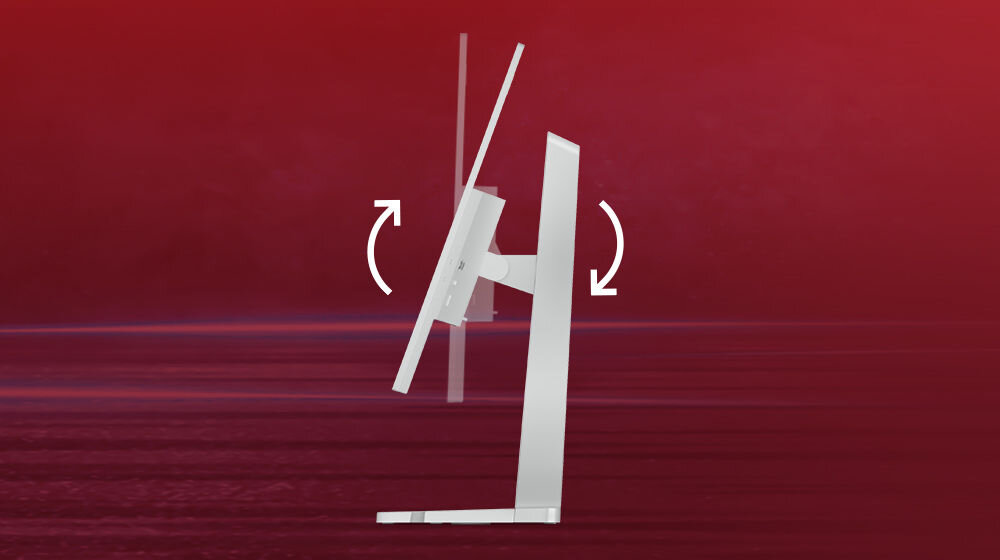 Monitor LENOVO L27q-4A 27 cali 2560x1440px IPS 100Hz 1 ms [MPRT] prezentacja monitora na czerownym tle i jego możliwej regulacji nachylenia od -5° do 22° obrót w poziomie zmiana wysokości do 150 mm funkcja Pivot dostosowanie do preferowanej pozycji możliwa praca pionowa standard VESA montaż na ścianie lub ramieniu