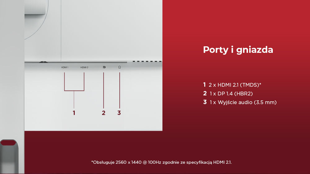 Monitor LENOVO L27q-4A 27 cali 2560x1440px IPS 100Hz 1 ms [MPRT] prezentacja tylnego panelu monitora dwa złącza HDMI 2.1 (TMDS) rozdzielczość 2560 x 1440 przy 100 Hz zgodnie ze specyfikacją HDMI 2.1 port DisplayPort 1.4 (HBR2) wyjście audio typu jack 3,5 mm kompatybilność