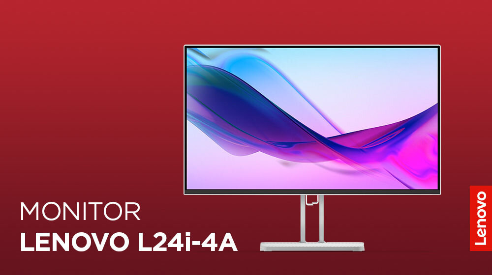 Monitor LENOVO L24i-4A 23.8 cali 1920x1080px IPS 100Hz 1 ms [MPRT] prezentacja monitora na czerwonym tle napis z modelem monitora