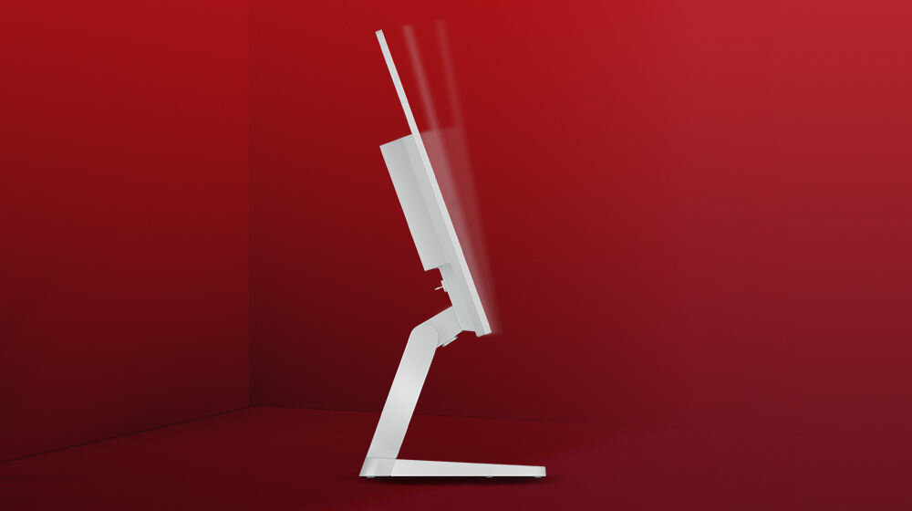 Monitor LENOVO L24i-4A 23.8 cali 1920x1080px IPS 100Hz 1 ms [MPRT] prezentacja monitora od boku i pokazanie możliwego kątu nachylenia na czerwonym tle możliwość regulacji kąta nachylenia od -5° do 22° utrzymanie optymalnej pozycji kompatybilność z uchwytami VESA 100 x 100 montaż na ścianie lub uchwytach