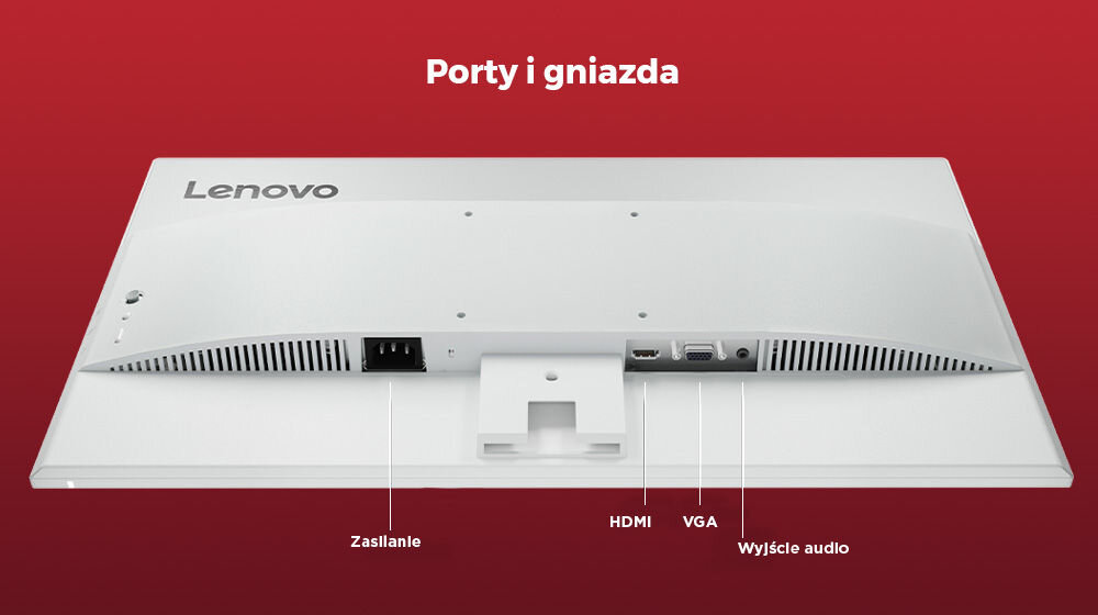 Monitor LENOVO L24i-4A 23.8 cali 1920x1080px IPS 100Hz 1 ms [MPRT] prezentacja tyłu obudowy zestaw złączy HDMI VGA wyjście audio gniazdo zasilania bez plątaniny kabli domowe biuro praca