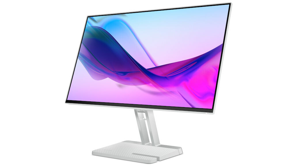 Monitor LENOVO L24i-4A 23.8 cali 1920x1080px IPS 100Hz 1 ms [MPRT] prezentacja monitora na białym tle przód pod kątem waga 3,84 kg wymiary 539,4 × 182,9 × 433,8 mm wygoda smukły profil przemyślany rozmiar