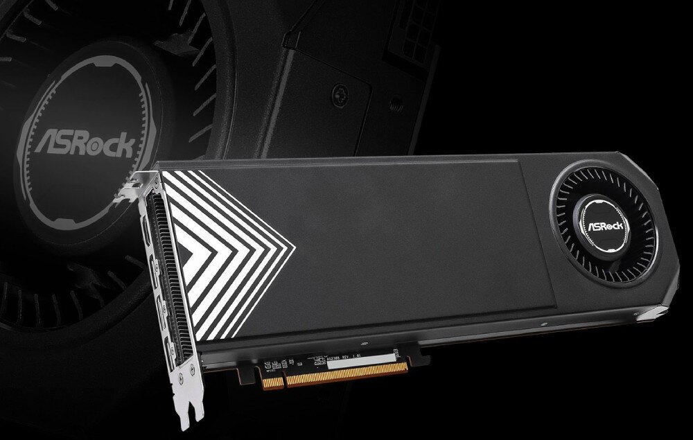 Karta graficzna ASROCK Radeon RX 7900 XTX Creator 24GB Karta graficzna marki ASRock widziana z przodu, na ciemnym tle. Widoczna jest metaliczna obudowa z białym wzorem oraz wentylator z logo producenta, chłodzenie, wentylator, komora parowa