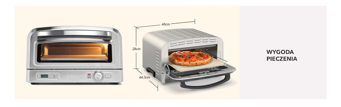 Piec do pizzy CUISINART CPZ120E 30 cm Wygoda pieczenia wygoda komfort użytkowanie korzystanie Duże okno wewnętrzne oświetlenie postęp monitorowanie Intuicyjne sterowanie zegar dopasowanie oczekiwania