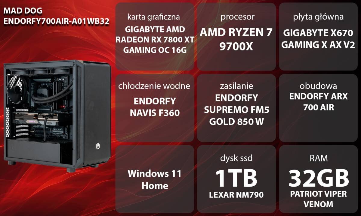 Komputer MAD DOG ENDORFY700AIR-A01WB32 R7-9700X 32GB RAM 1TB SSD Radeon RX7800XT Wi-Fi Windows 11 Home wygląd opis
