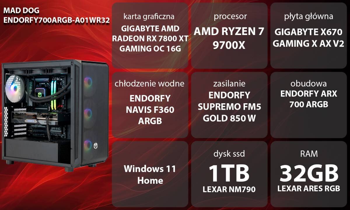Komputer MAD DOG ENDORFY700ARGB-A01WR32 R7-9700X 32GB RAM 1TB SSD Radeon RX7800XT Wi-Fi Windows 11 Home wygląd opis