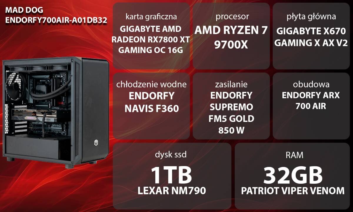 Komputer MAD DOG ENDORFY700AIR-A01DB32 R7-9700X 32GB RAM 1TB SSD Radeon RX7800XT Wi-Fi wygląd opis