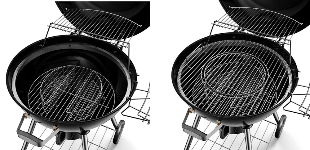 Grill węglowy KOLER Ember C2 ruszt widczony z dwóch perspektyw specjalny kosz system regulacji temperatury owalny zawór do kontrolowania ciepła odpowiednio dobrana temperatura specjalnie zaprojektowany kosz