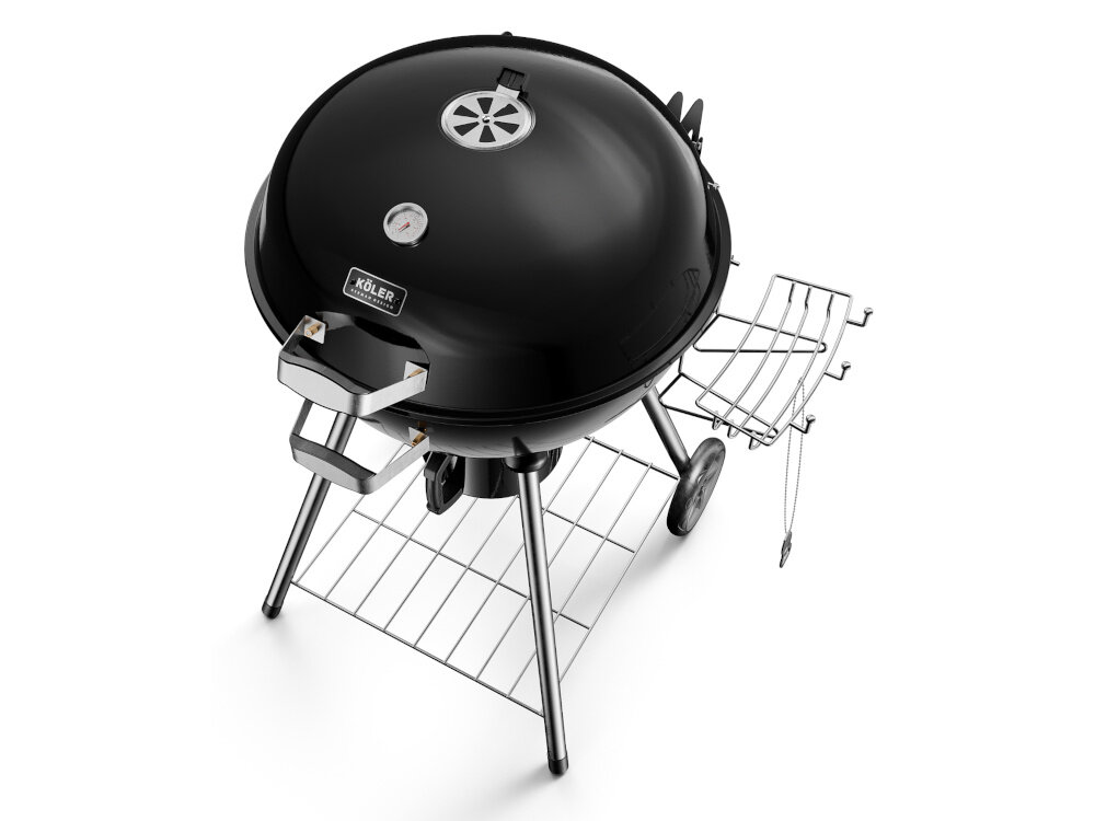 Grill węglowy KOLER Ember C2 grill widoczny od góry z zamkniętą pokrywą metalowy uchwyt pokrywy z zabezpieczeniem termicznym półka cargo o wymiarach 45 x 48 cm boczna półka przechowywanie akcesoriów otwieracz do butelek