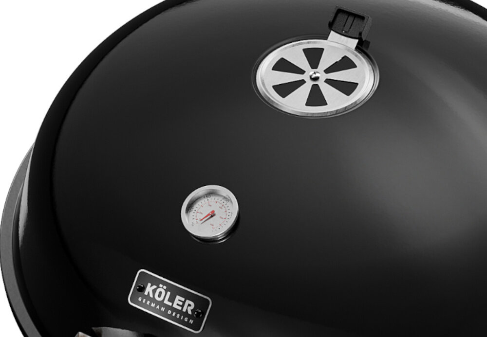Grill węglowy KOLER Ember C2 zbliżenie na termometr wbudowany termometr wlot powietrza odpowiednie warunki