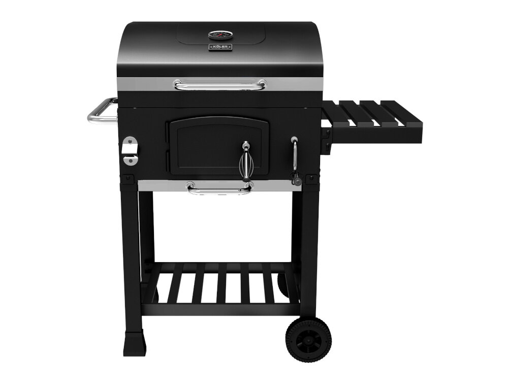 Grill węglowy KOLER Ember CH1 grill z zamkniętą pokrywą widoczny od przodu modułowy ruszt przygotowywanie dań kuchni śródziemnomorskiej i azjatyckiej do grillowania drobiu ryb burgerów steków warzyw owowców morza chlebków pizzy
