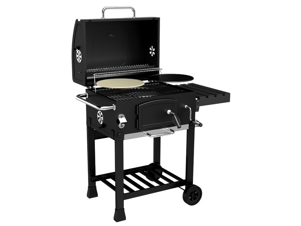 Grill węglowy KOLER Ember CH1 grill z otwartą pokrywą na białym tle widoczny ruszt żeliwny ruszt dolny o wymiarach 57,5 x 41,5 cm możliwość zastosowania płyty z żeliwa kamienia do pizzy stalowy ruszt górny wymiary 20 x 54 cm do podgrzewania dań