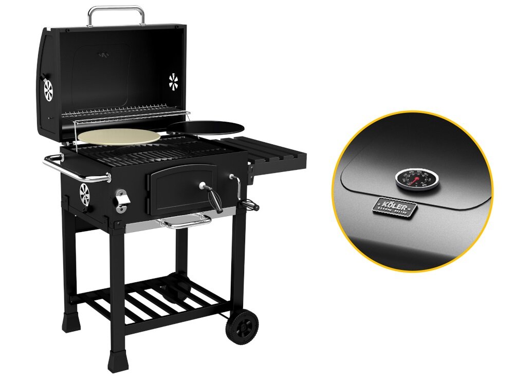 Grill węglowy KOLER Ember CH1 grill z otwartą pokrywą na białym tle zbliżenie na termometr regulacja kosza z węglem pokrętło przybliżyć lub oddalić pojemnik z żarem odpowiednia temperatura wbudowany termometr