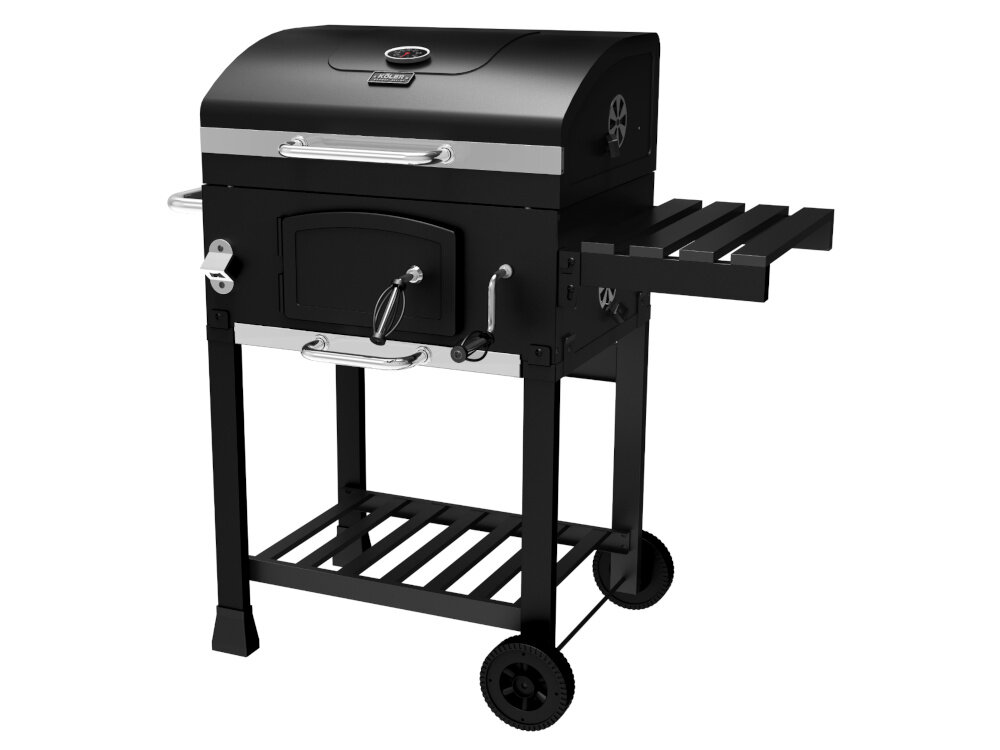 Grill węglowy KOLER Ember CH1 grill na białym tle z zamkniętą pokrywą widoczny po skosie przestronne drzwiczki stalowa taca półka cargo przestronna otwarta ze wszystkich stron