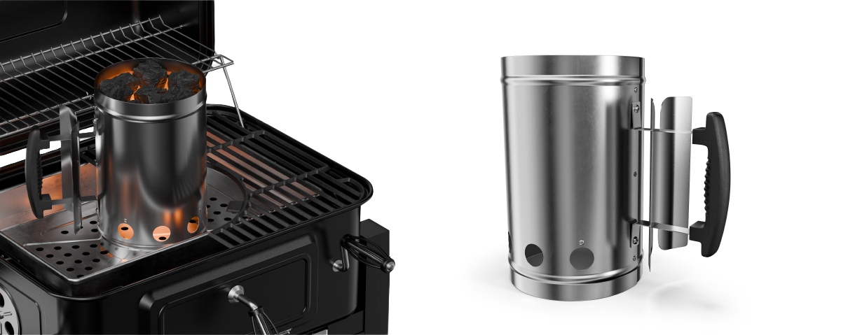 Komin do rozpalania grilla KOLER KRA34, komin, stal, nierdzewna, węgiel, na białym tle komin stoi na grillu, obok na białym tle frontem na wprost