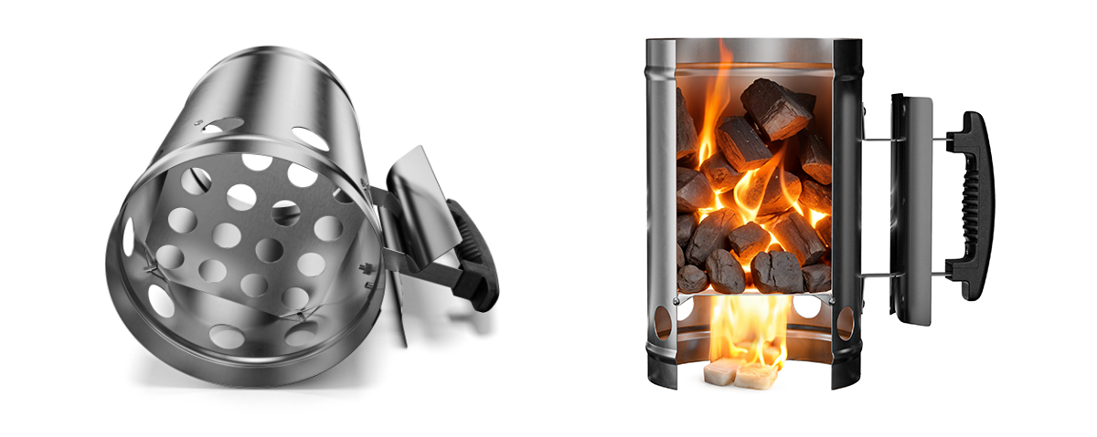 Komin do rozpalania grilla KOLER KRA34, otwory, powietrze, uchwyt, izolowany, na białym tle komin stoi z węglem w środku oraz pokazany od góry