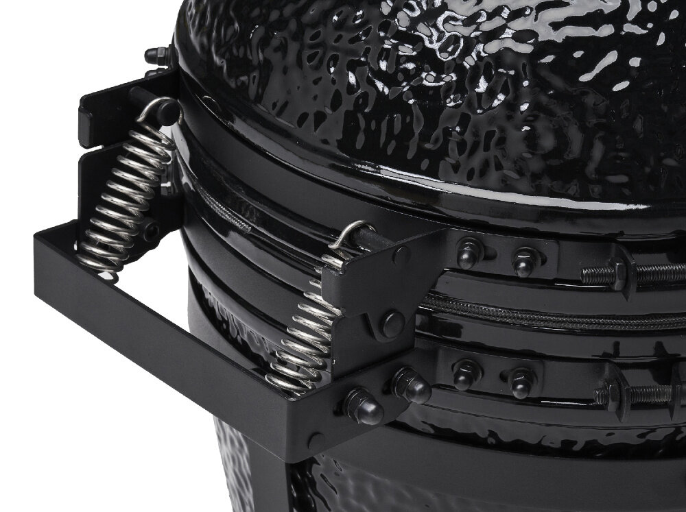 Grill węglowy KOLER Kamado EG16 zbliżenie na zawiasy sprężynowe pokrywa grilla z ceramiki elastyczna uszczelka z włókna szklanego pokrywa o średnicy 40 cm innowacyjny zawias sprężynowy