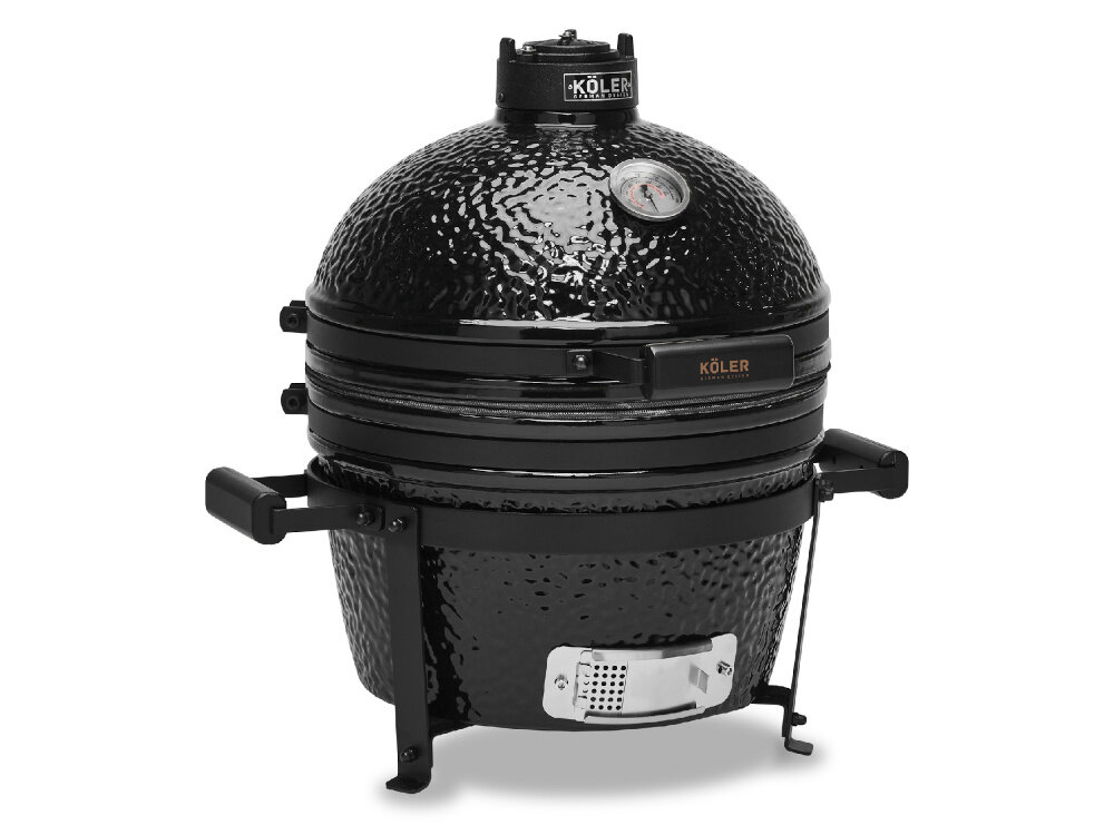 Grill węglowy KOLER Kamado EG16 zbliżenie na termometr i żeliwny komin system regulacji temperatury żeliwny komin należy obracać termometr