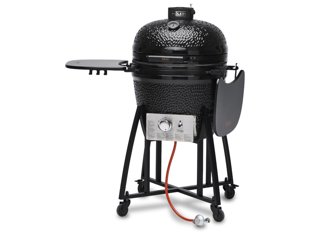 Grill węglowo-gazowy KOLER Kamado EG22-GAS grill w całości z zamkniętą pokrywą jedna półka uniesiona wózek z czterema skrętnymi kołami hamulce an dwóch kółkach