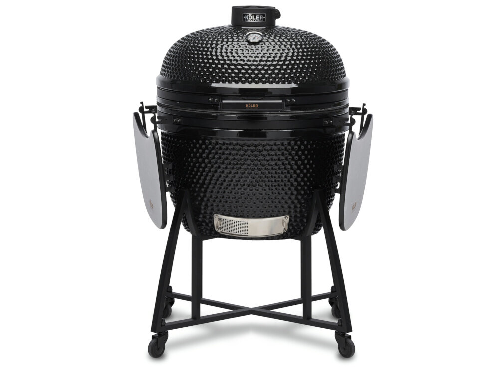 Grill węglowy KOLER Kamado EG26 grill z zamkniętą pokrywą i złożonymi półkami materiał wykonania ceramika korpus pokrywa ściany o grubości 3 cm trwałość odporność akumulacja ciepła pochodzącego z płomienia gazowego ceramika nie zmienia smaku ani aromatu potraw