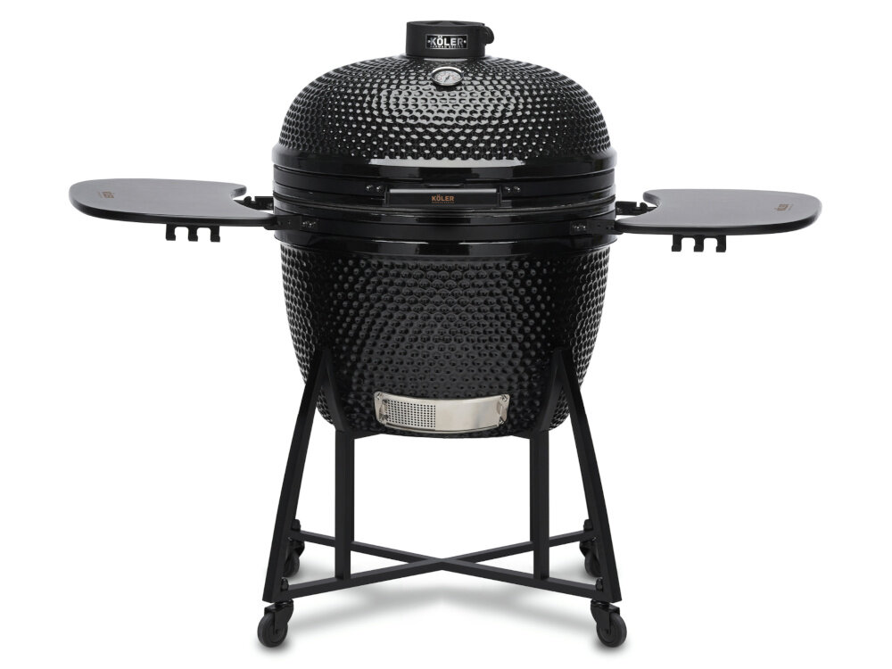 Grill węglowy KOLER Kamado EG26 grill w całości z zamkniętą pokrywą jedna półka uniesiona wózek z czterema skrętnymi kołami hamulce an dwóch kółkach