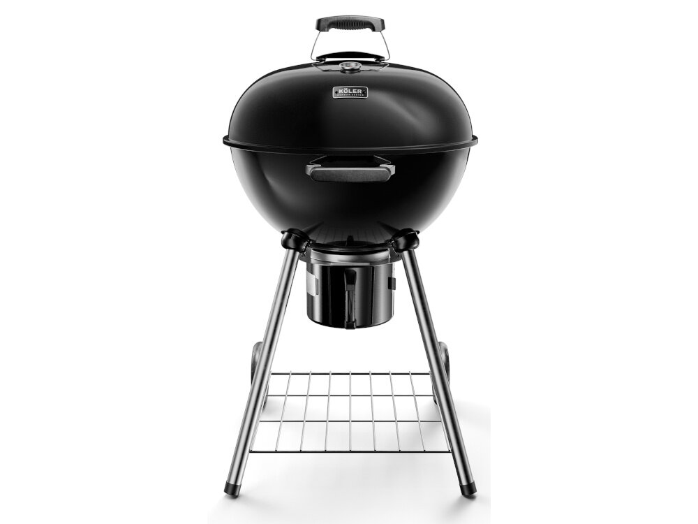 Grill węglowy KOLER Ember C1 grill widczony z boku z zamkniętą pokrywą grill węglowy ma 54-centymetrowy ruszt do przygotowywania mięsa warzyw owoców morza pizzy chlebków zup sosów grillowanie na tarasie w ogrodzie lub na biwaku
