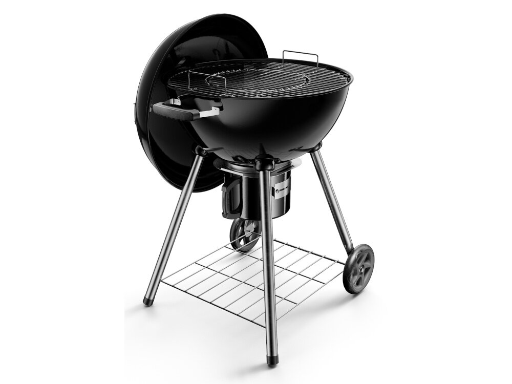 Grill węglowy KOLER Ember C1 grill widczony z boku z otwartą pokrywą owalny kocioł w całości z wysokiej jakości stali zabezpieczonej emalią porcelanową odporność na zarysowania wytrzymały