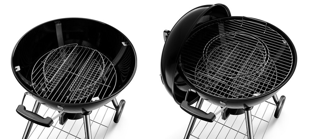 Grill węglowy KOLER Ember C1 ruszt widczony z dwóch perspektyw specjalny kosz system regulacji temperatury owalny zawór do kontrolowania ciepła odpowiednio dobrana temperatura specjalnie zaprojektowany kosz