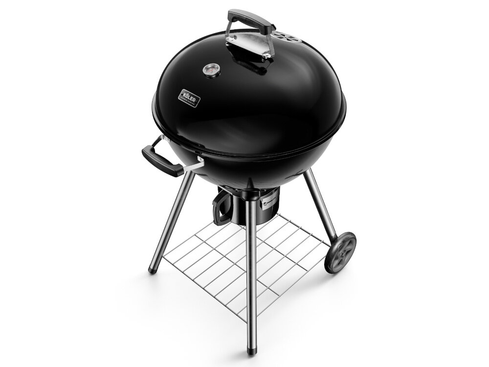 Grill węglowy KOLER Ember C1 grill widoczny od góry z zamkniętą pokrywą metalowy uchwyt pokrywy z zabezpieczeniem termicznym półka cargo o wymiarach 45 x 48 cm