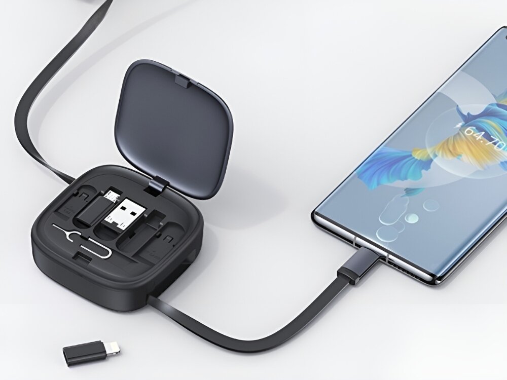 Kabel 3w1 USAMS US-SJ650 z pudełkiem
            kabel podpięty do telefonu rozwijany złącza usbc lightning microusb smartfony tablety mechanizm zwijania